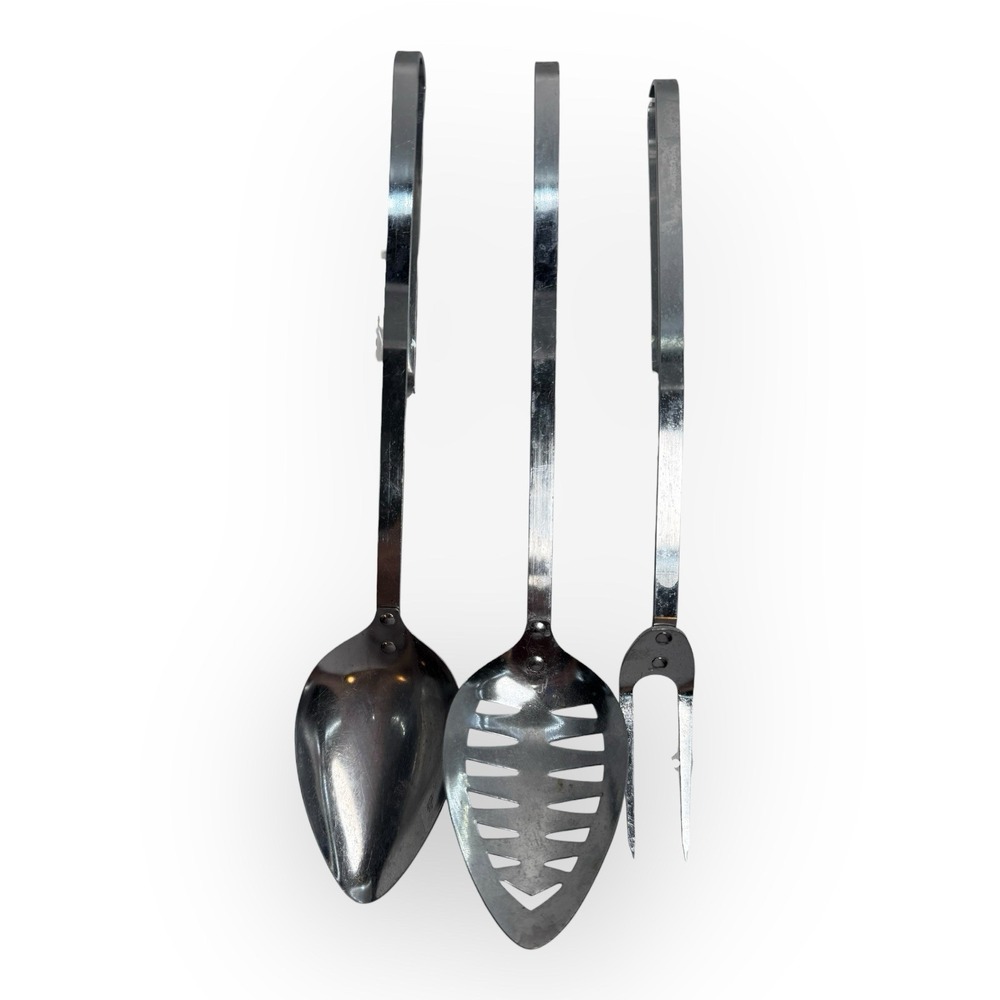 Vintage Androck USA Stainless Spoon Slotted Spoon Meat Fork Hook Handle Set